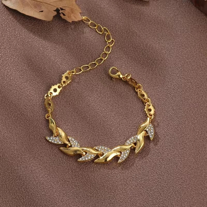 Gold Colour Twisted Crystal Stone Leaf Bracelet