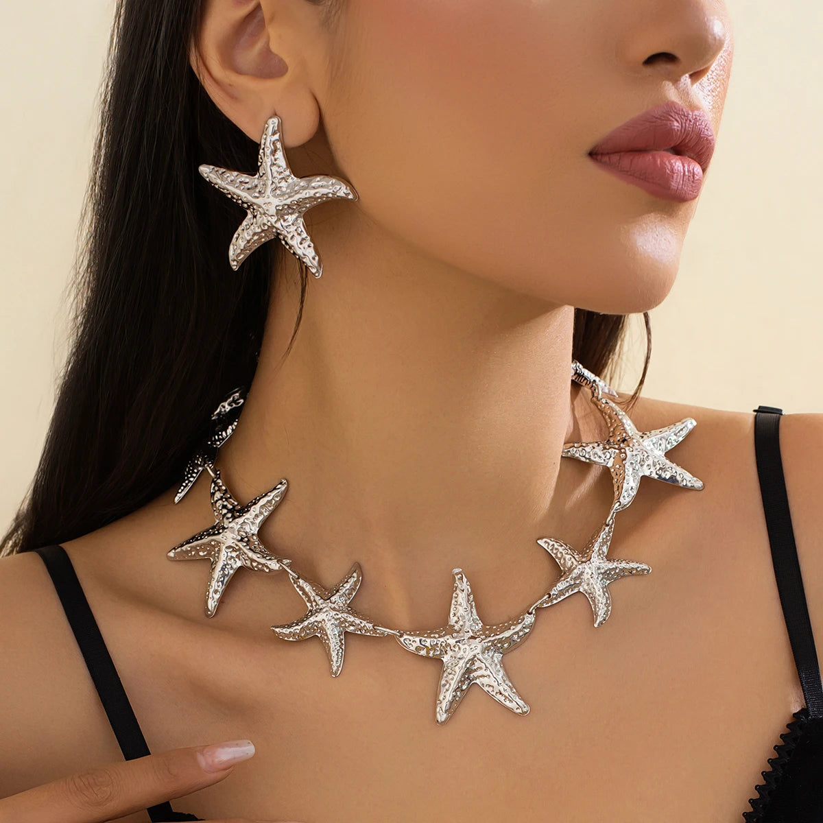 Vintage Large Metal Starfish Choker Necklace Drop Earrings Jewelry Set