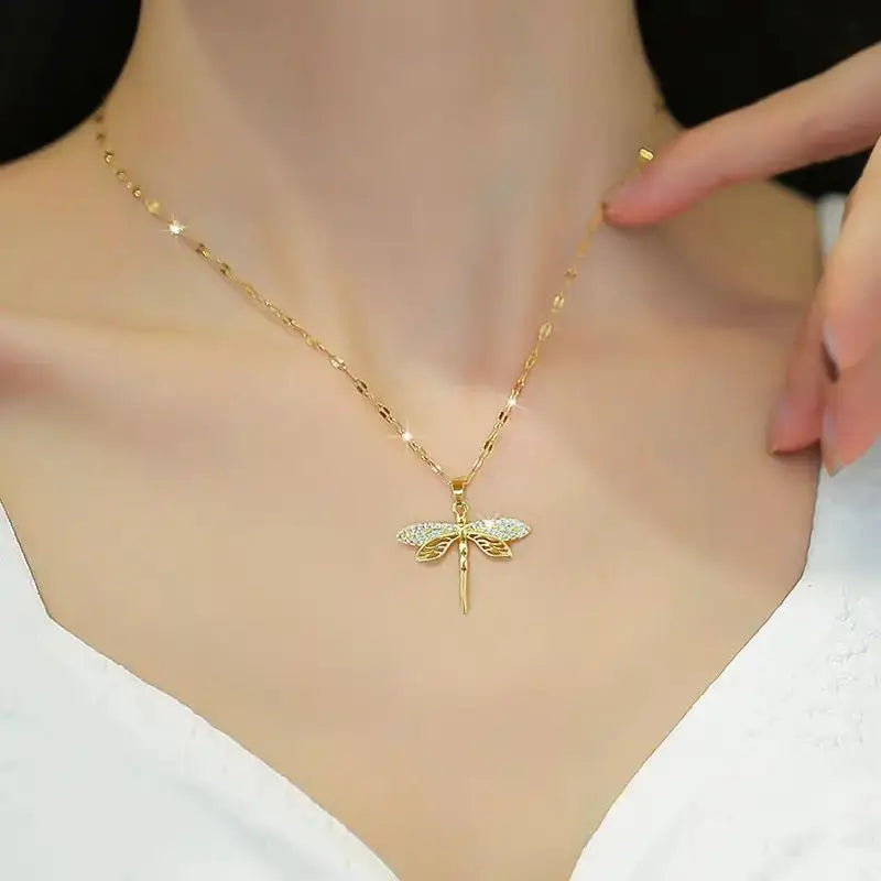 Stainless Steel Gold Color Dragonfly Wings Necklaces For Women