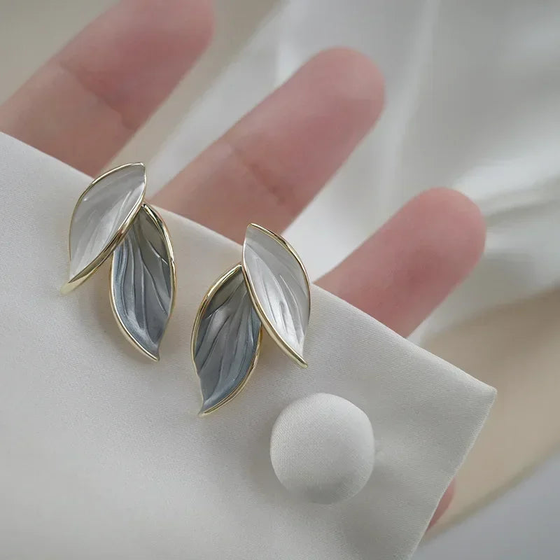 Korean Trendy Fresh Lovely Sweet Grey Leaf Stud Earrings