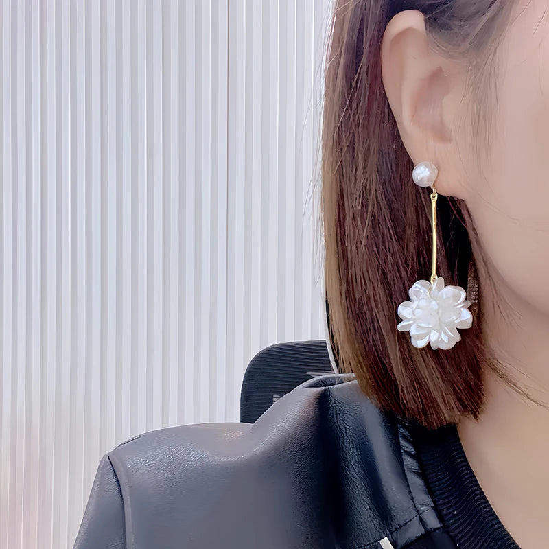 Elegant White Flower Pearl Dangle Earrings