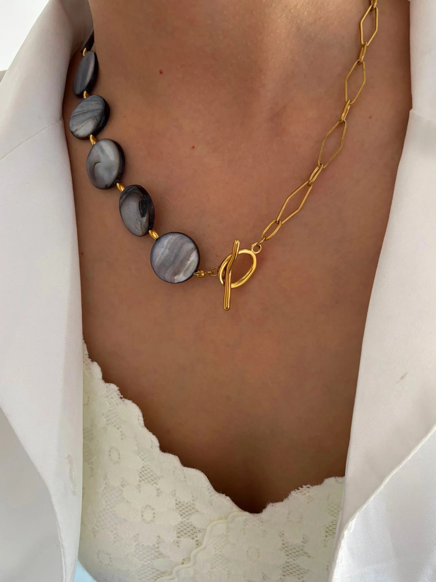 Stainless Steel Grey Round Natural Shell Bracelet Necklace Jewelry Set