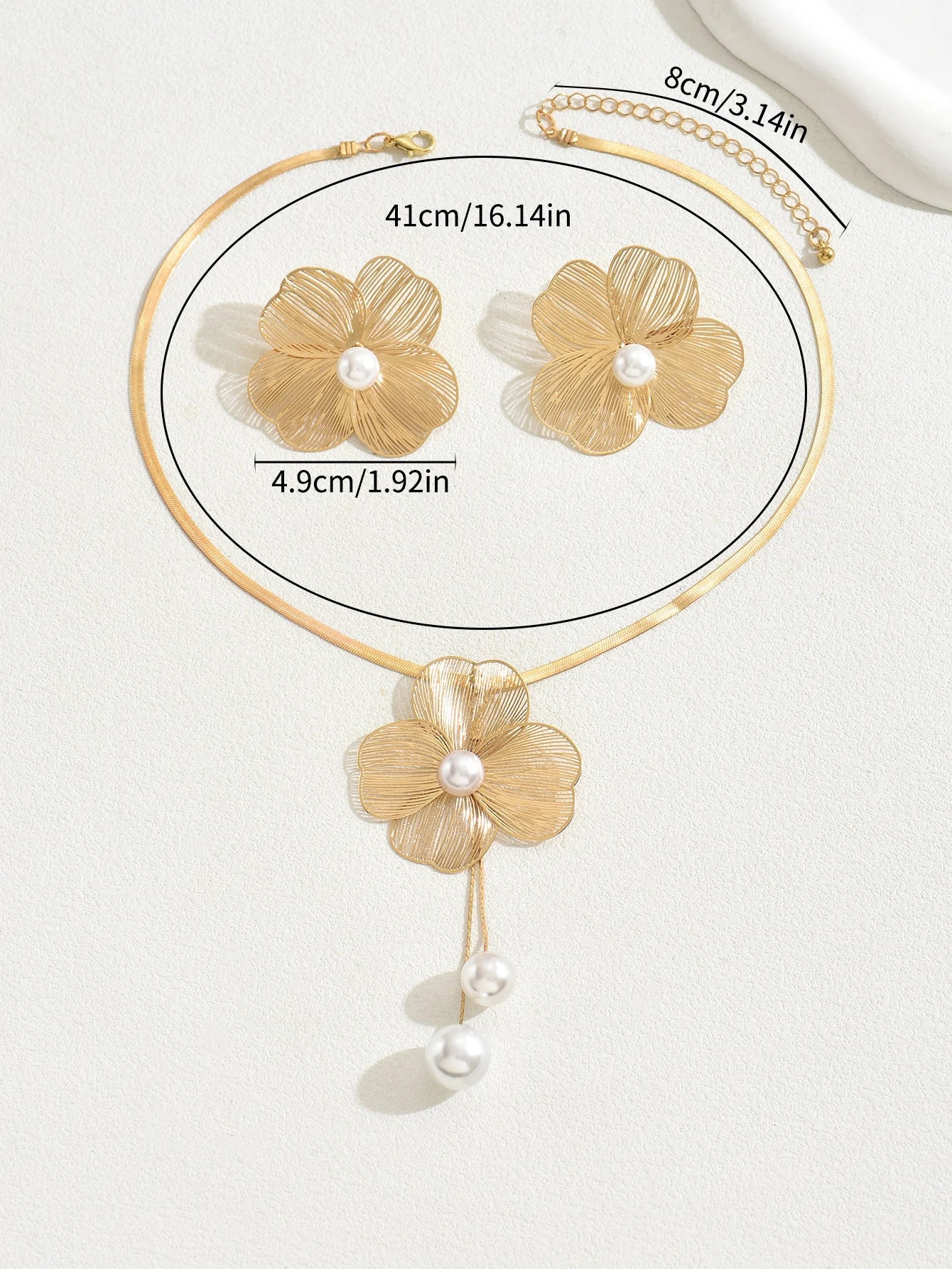 Gold Color Hallowout Stamping Big Flower Pearl Necklace Earrings Set