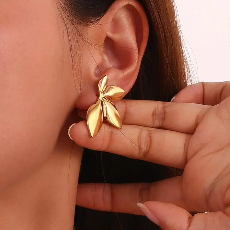 Stainless Steel Leaves Flower Stud Earrings