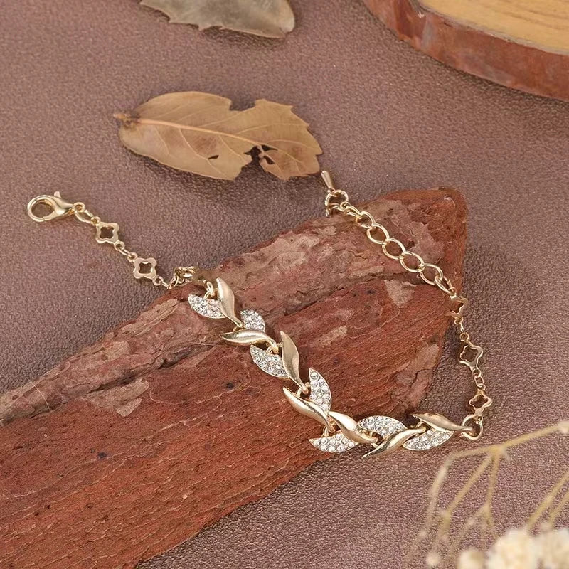 Gold Colour Twisted Crystal Stone Leaf Bracelet