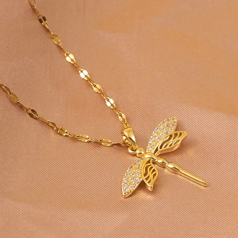 Stainless Steel Gold Color Dragonfly Wings Necklaces For Women