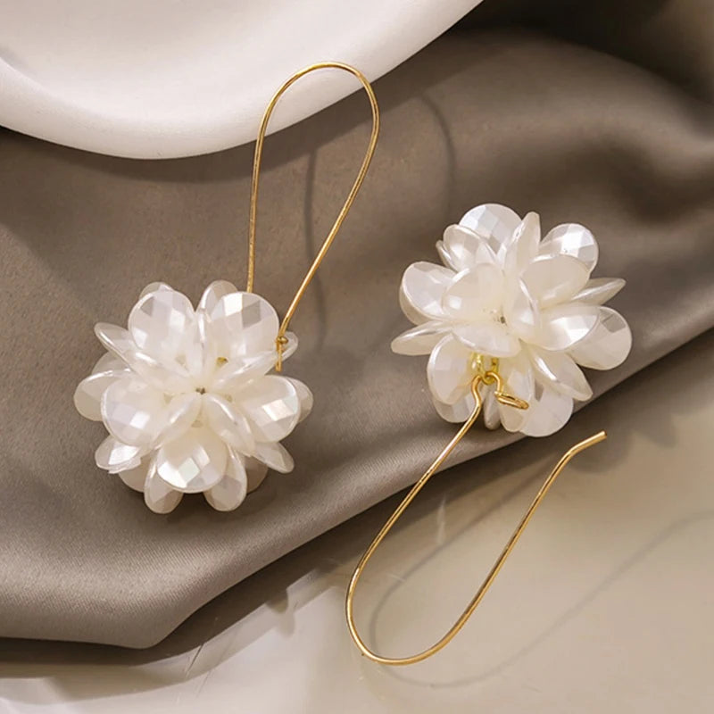Elegant White Flower Pearl Dangle Earrings