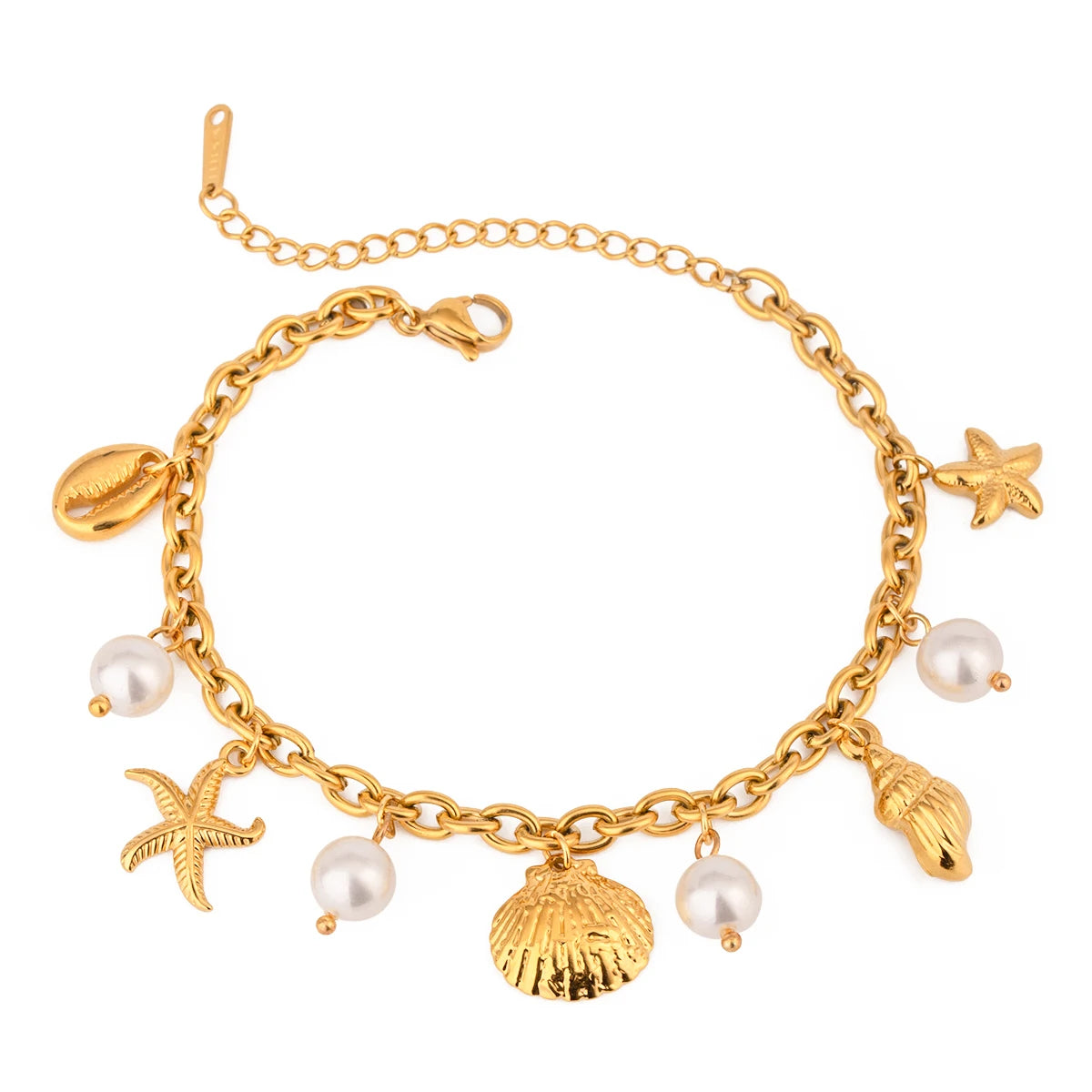 18K Gold PVD Plated Stainless Steel Pearl Shell Starfish Charm Bracelet