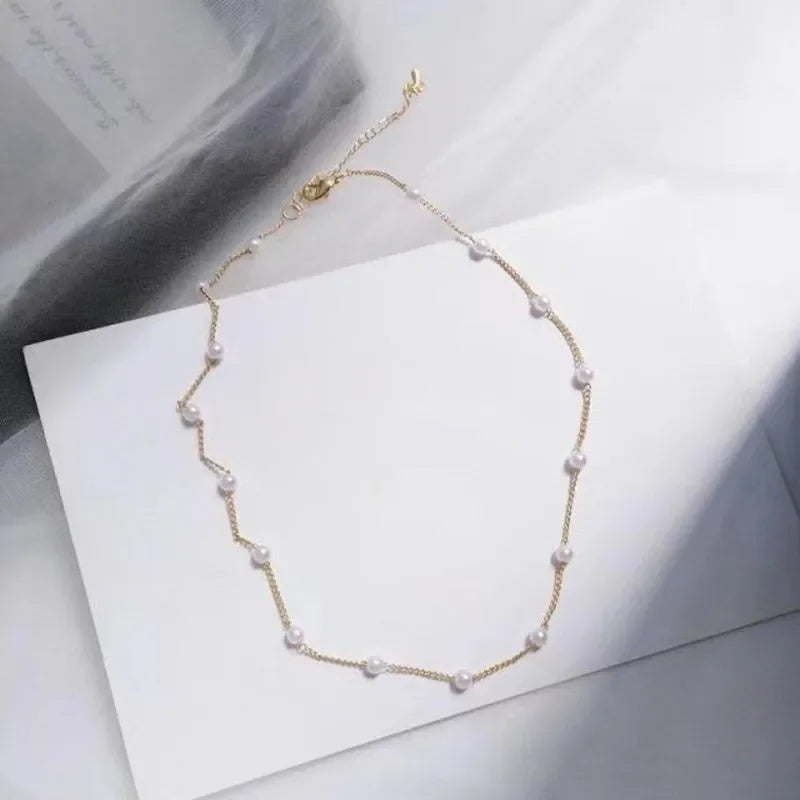 Gold Color New Beads Pearl Choker Necklace