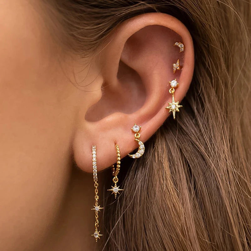 Gold Plated Cubic Zirconia Star Moon Dangle Earrings Set