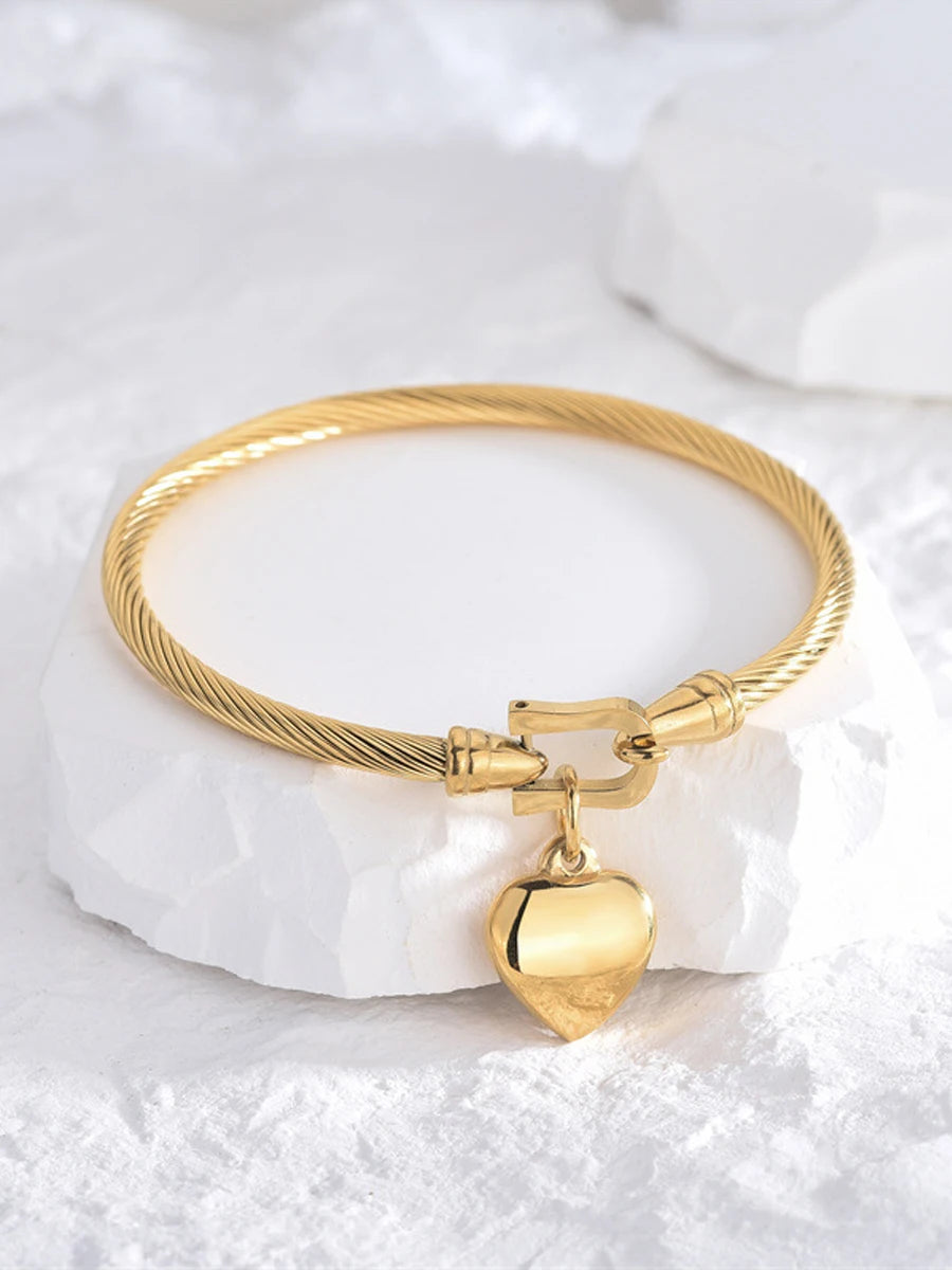 18k Gold Stainless Steel Heart Pendant Charm Bangle Bracelets