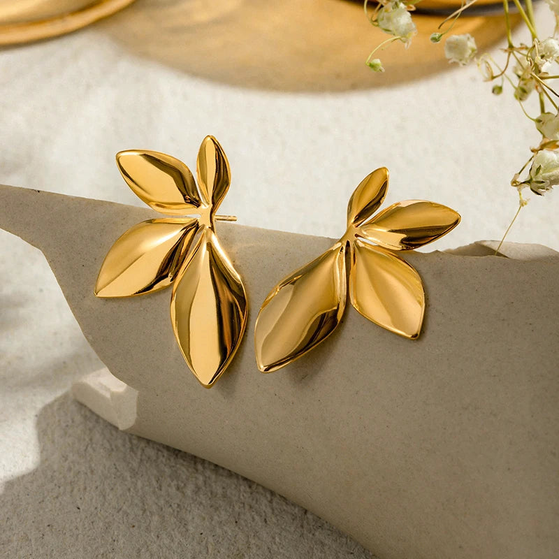 Stainless Steel Leaves Flower Stud Earrings