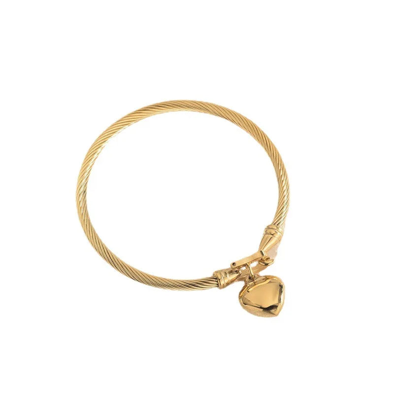 18k Gold Stainless Steel Heart Pendant Charm Bangle Bracelets