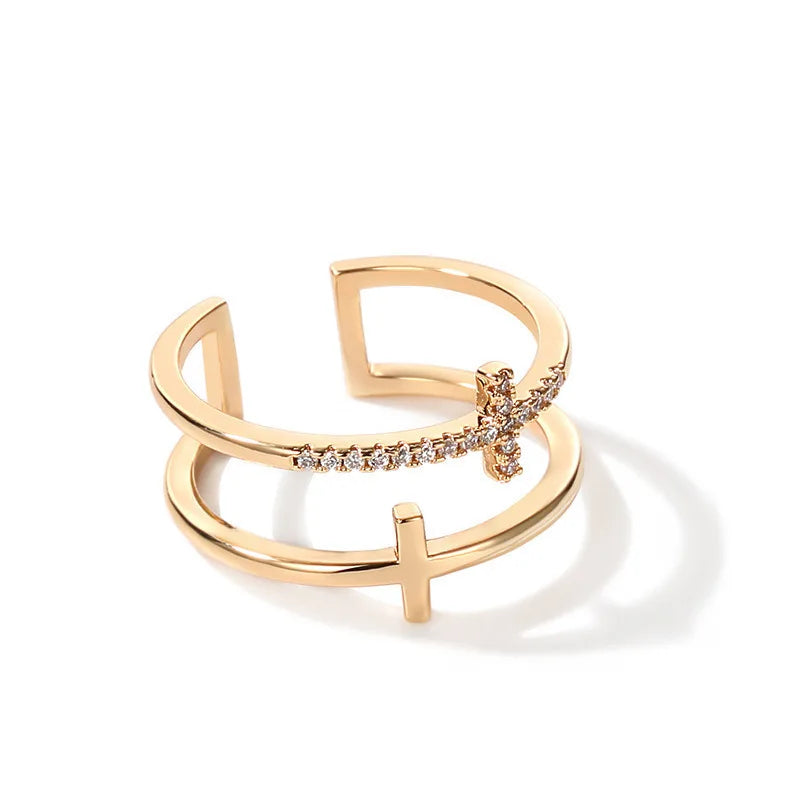 Gold Silver Double Layer Cross Open Adjustable Finger Rings