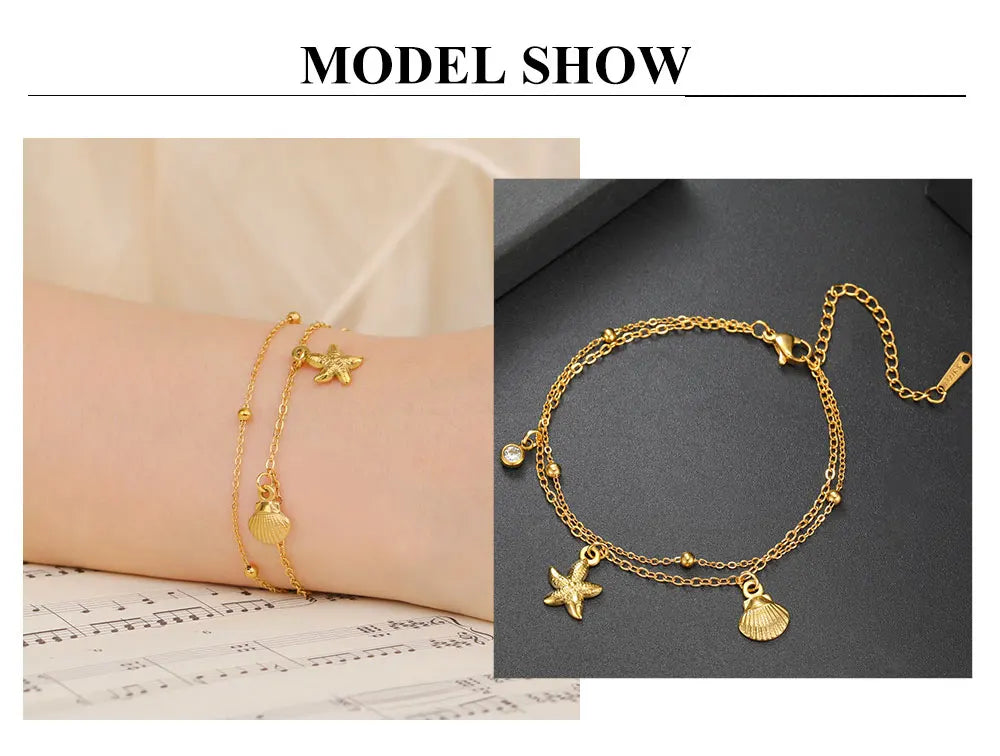 Stainless Steel Starfish Seashell Charms Bracelet