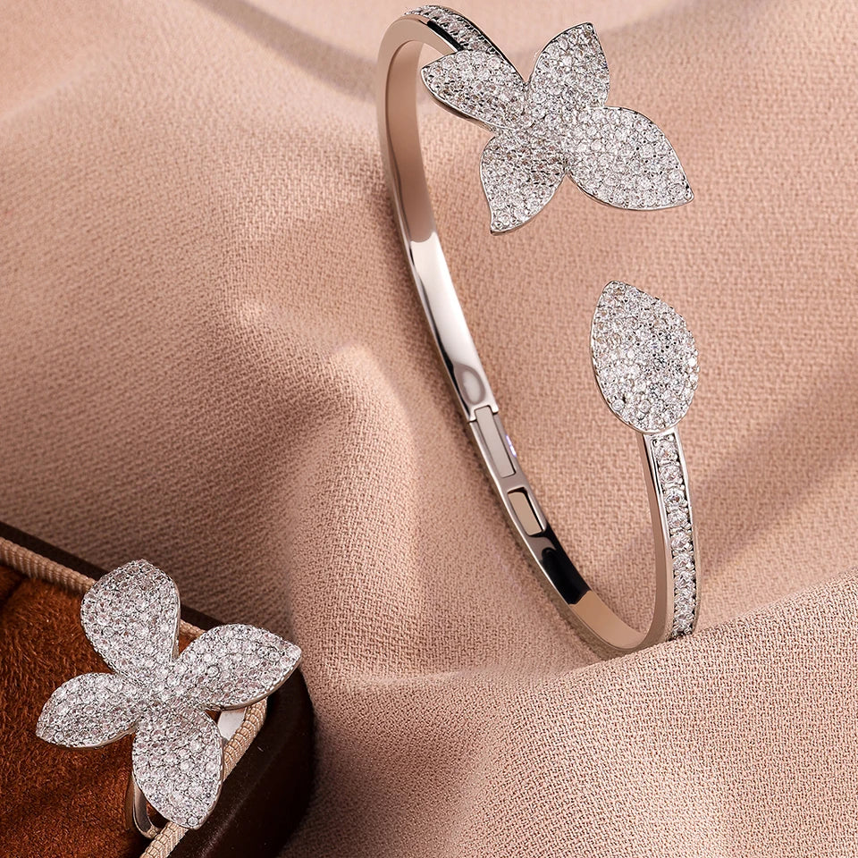 Luxury Silver Color Flower Leaf Adjustable Jewelry Set