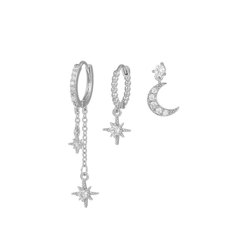 Gold Plated Cubic Zirconia Star Moon Dangle Earrings Set