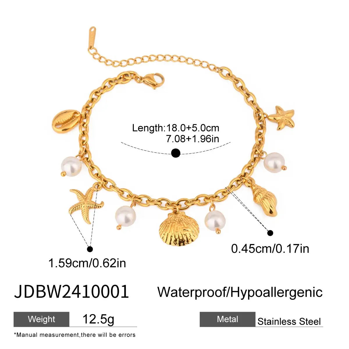 18K Gold PVD Plated Stainless Steel Pearl Shell Starfish Charm Bracelet