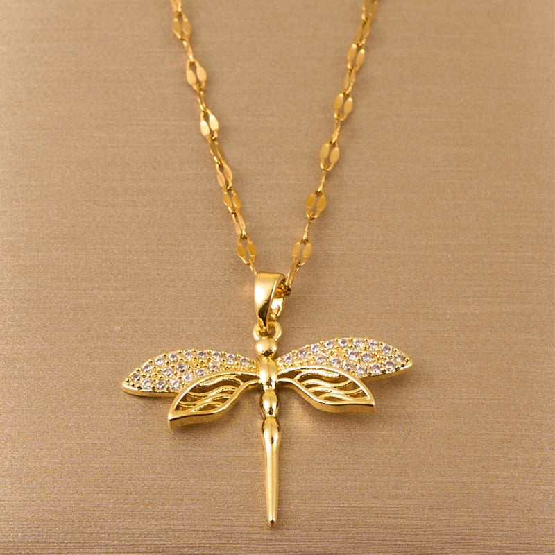 Stainless Steel Gold Color Dragonfly Wings Necklaces For Women