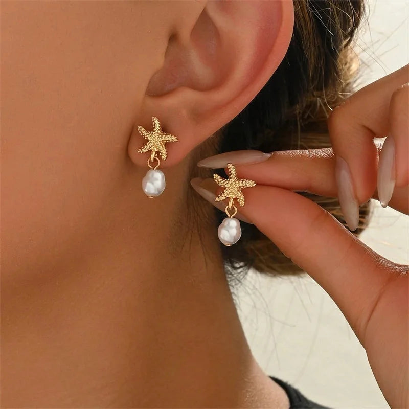 Starfish Pearl Drop Earrings