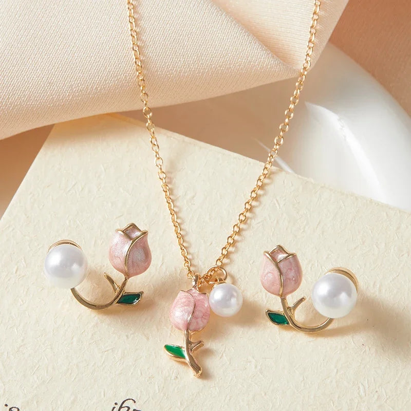 Pink Tulip Necklace Earrings Jewelery Set