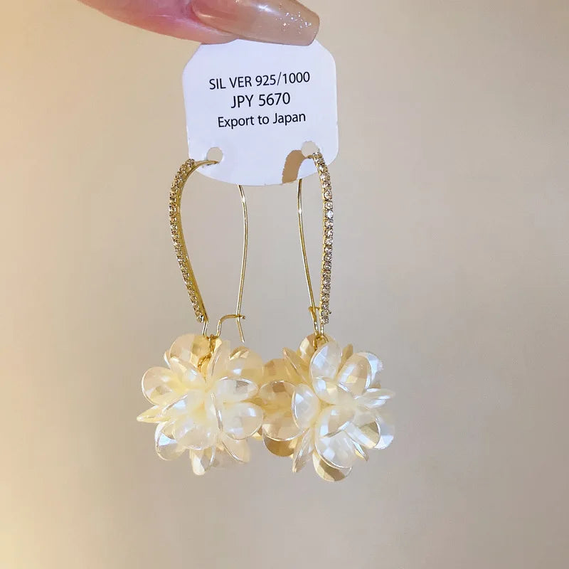 Korean Exquisite Rhinestone Long White Flower Pearl Drop Earrings