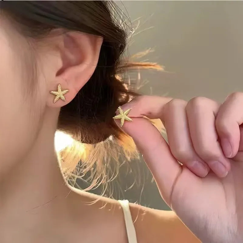 Gold Color Metal Starfish Stud Earrings