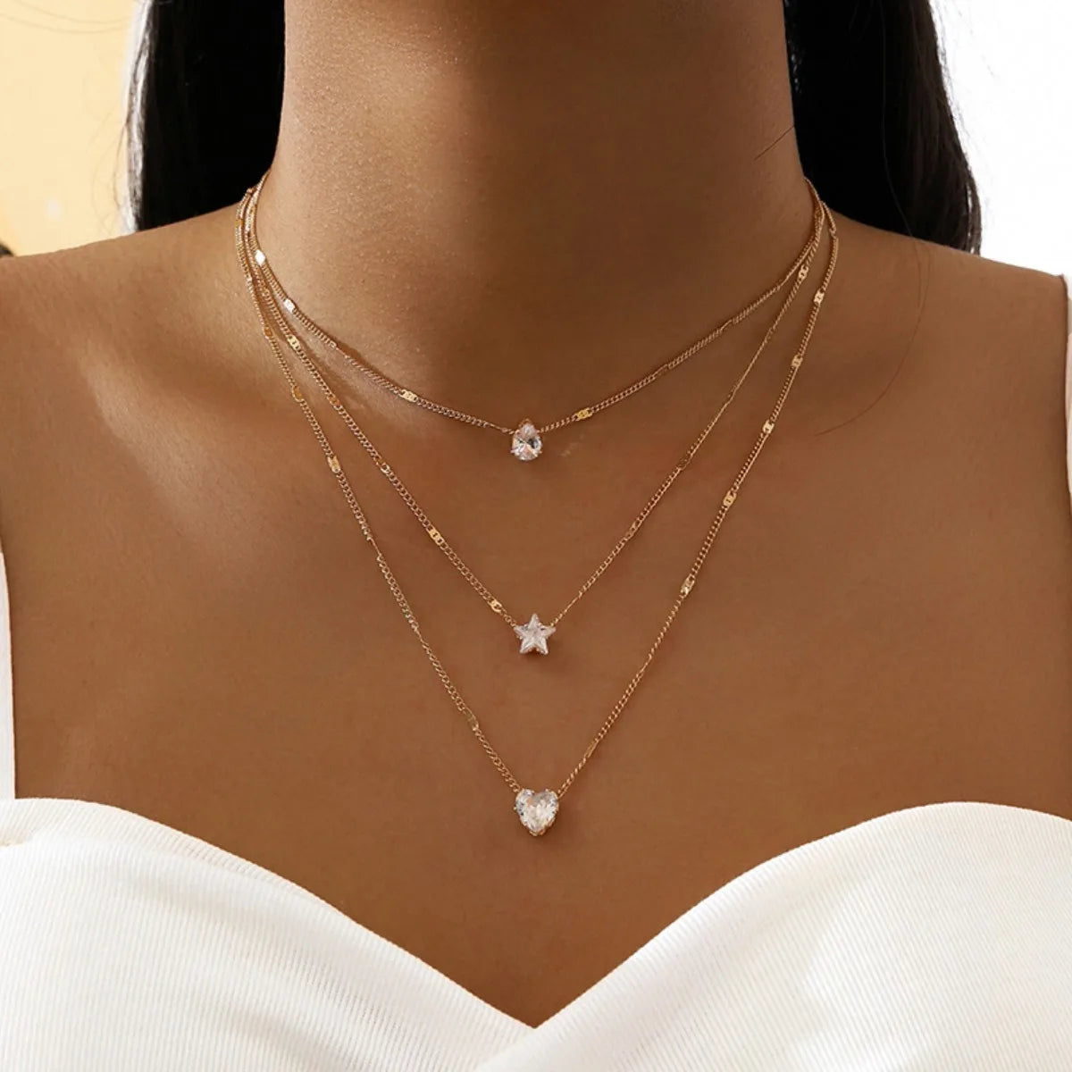Multi-layer Star Heart Shape Water Drop Pendant Chain Necklace