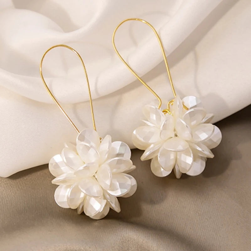 Elegant White Flower Pearl Dangle Earrings