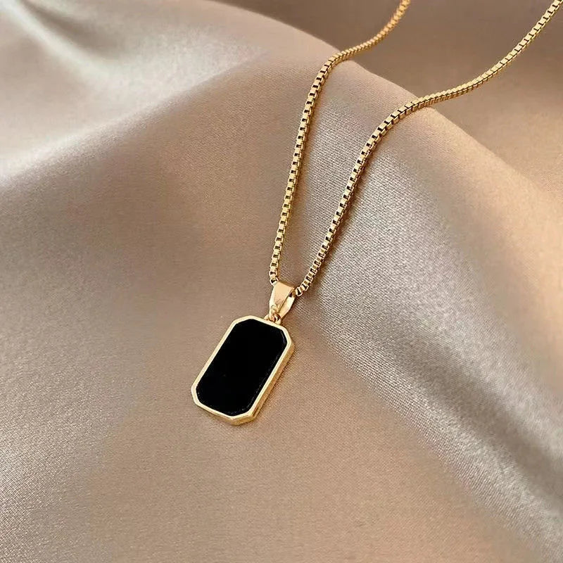 Korean Stainless Steel Rectangular Pendant Gold Silver Necklace