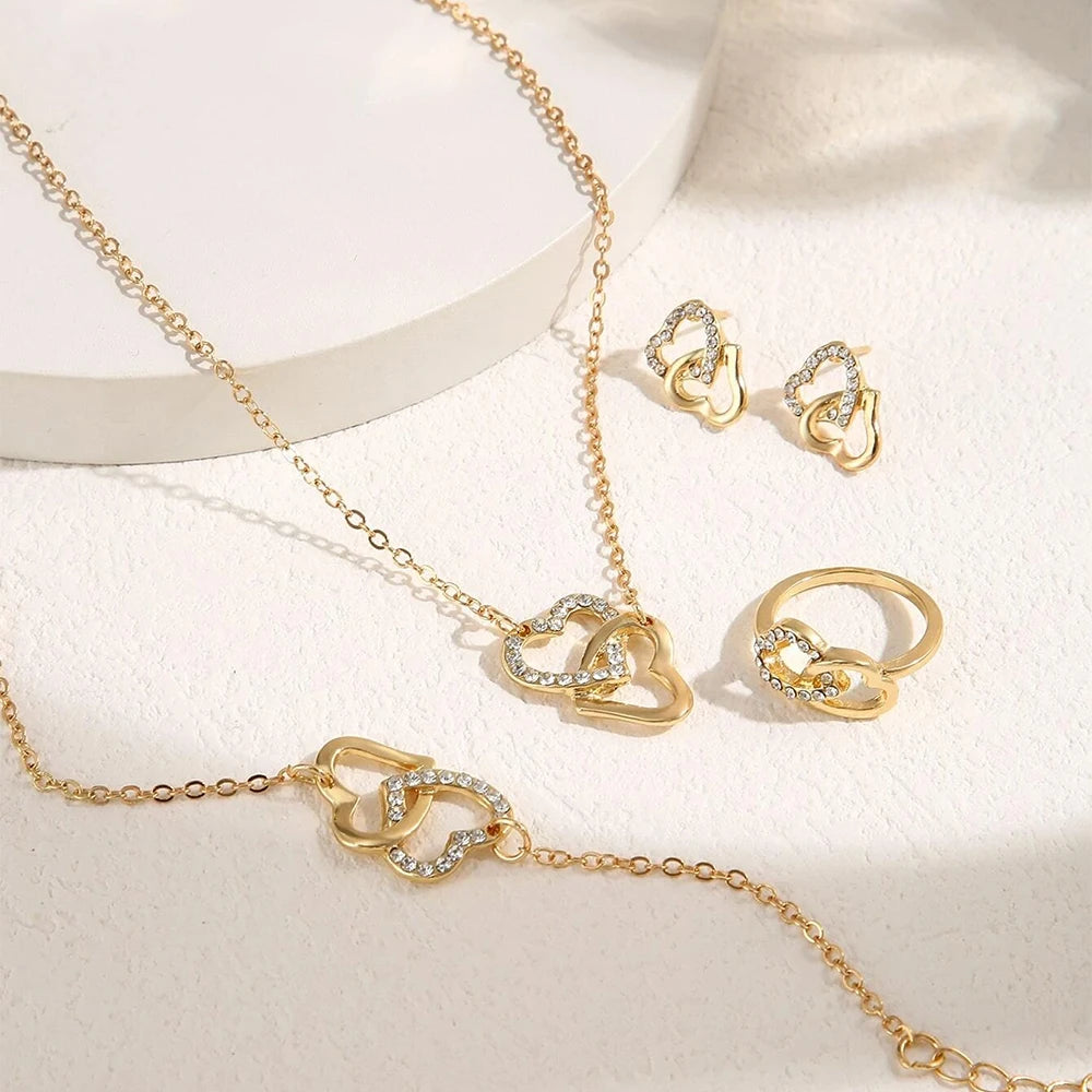 Elegant Gold Rhinestone Heart Shaped Jewelery Set