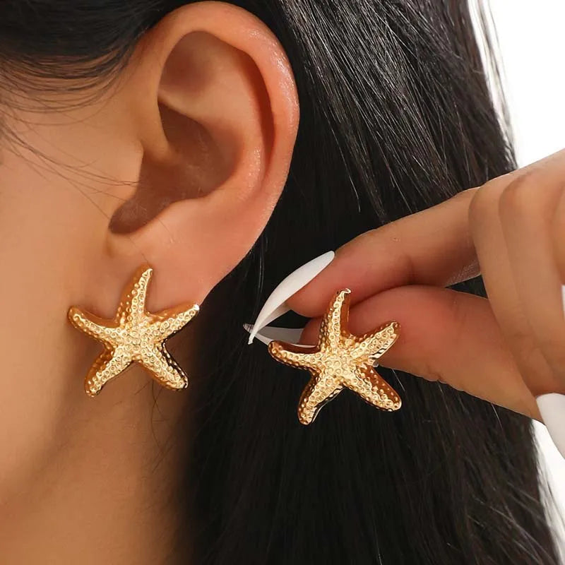 Gold Color Metal Starfish Stud Earrings