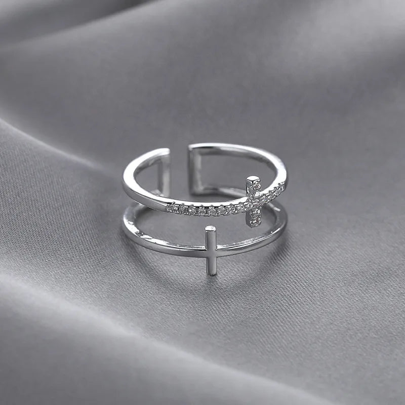 Gold Silver Double Layer Cross Open Adjustable Finger Rings