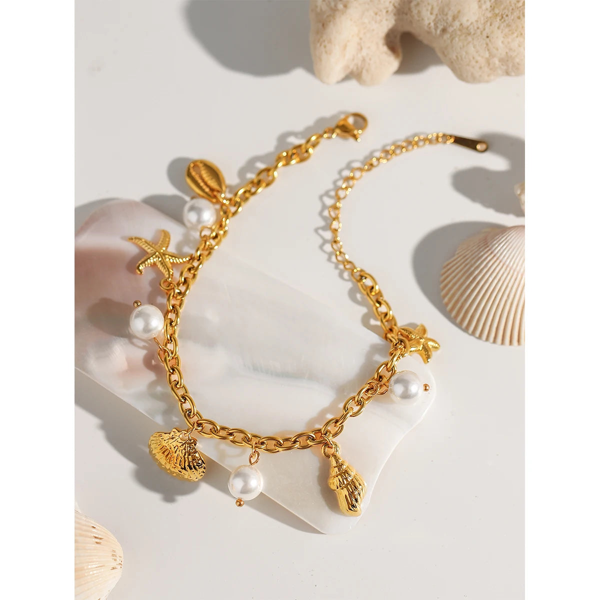 18K Gold PVD Plated Stainless Steel Pearl Shell Starfish Charm Bracelet