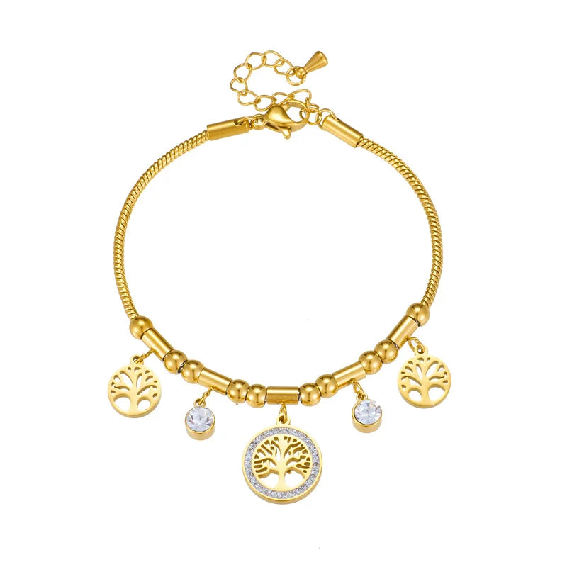 Elegant Gold Color Stainless Steel Tree of Life Charms Bracelet w/ Shiny Zircon Stone