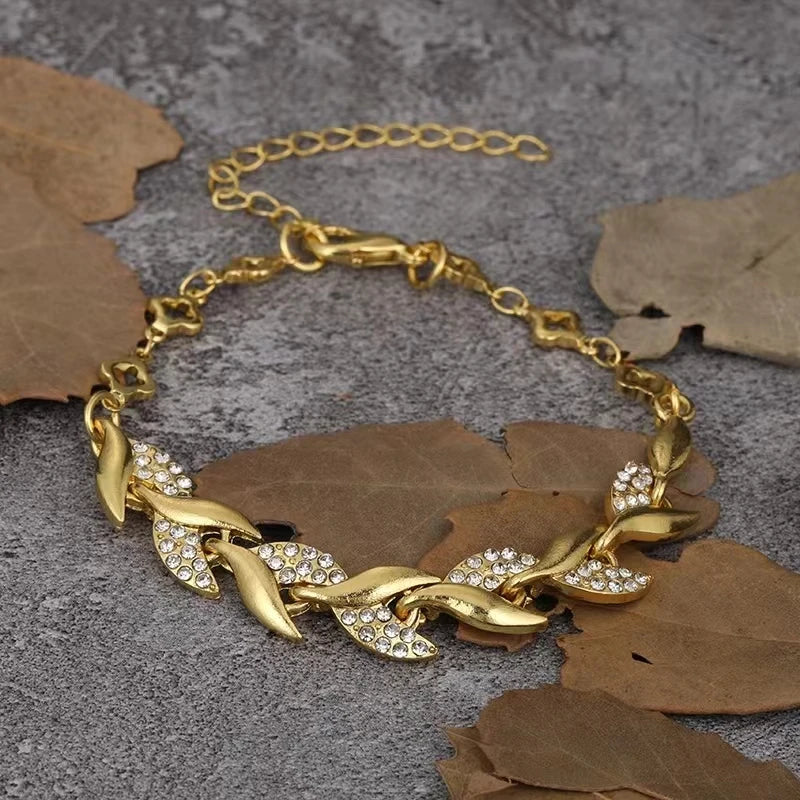 Gold Color Leaf Twisted Crystal Stone Bracelet