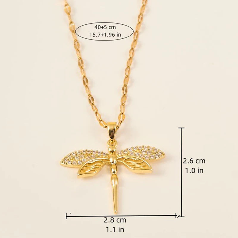 Stainless Steel Gold Color Dragonfly Wings Necklaces For Women