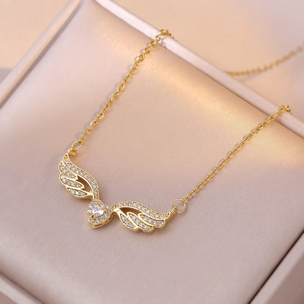 Stainless Steel Gold Color Dragonfly Wings Necklaces For Women