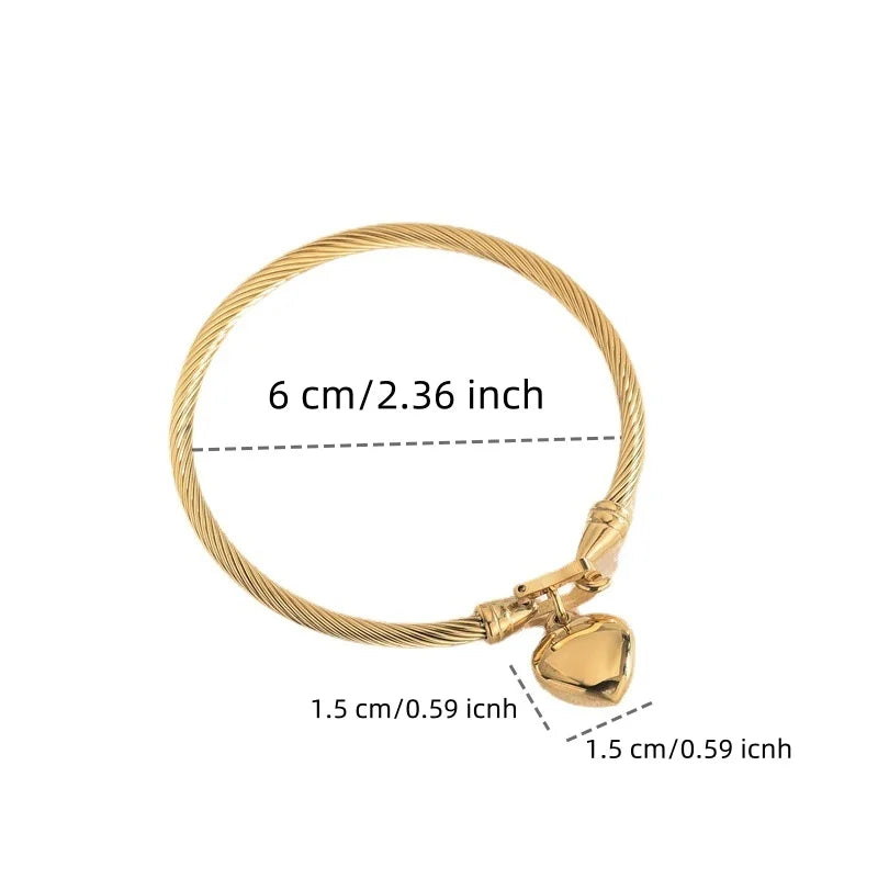 18k Gold Stainless Steel Heart Pendant Charm Bangle Bracelets