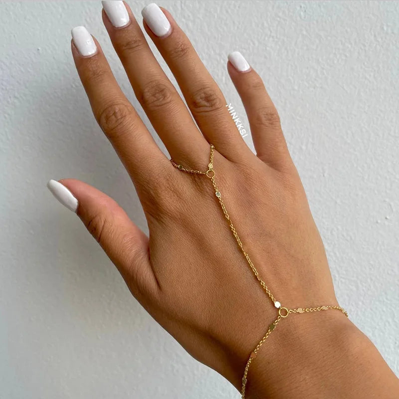 14k Gold Plated Zircon Hand Chain Ring Bracelet