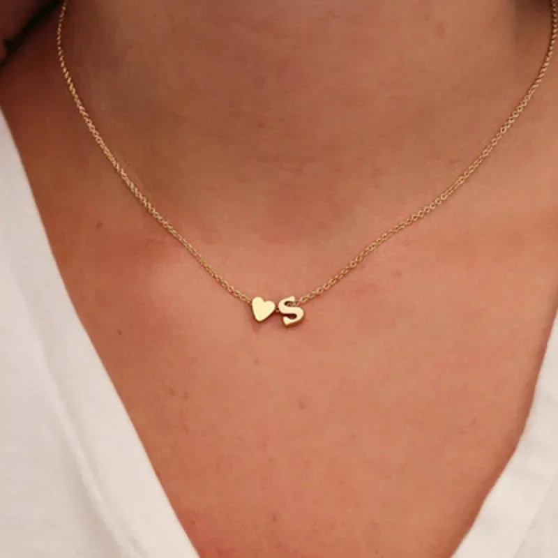 Gold Silver Tiny Heart Letter Name Dainty Necklace