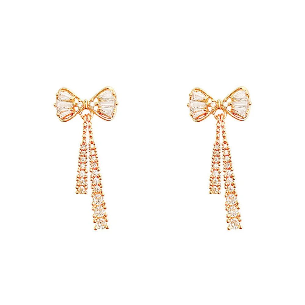 Fashion Zircon Bow Earrings Acrylic Crystal Tassel Earrings