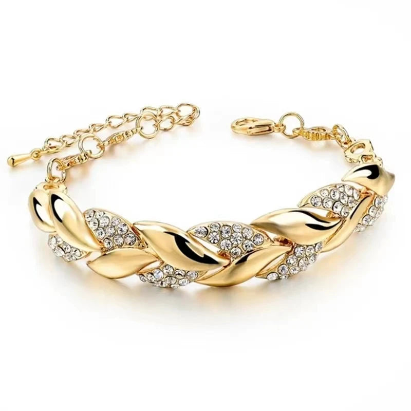 Gold Color Leaf Twisted Crystal Stone Bracelet