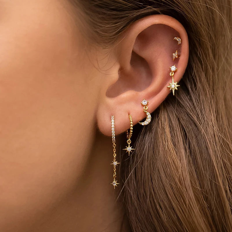 Gold Plated Cubic Zirconia Star Moon Dangle Earrings Set