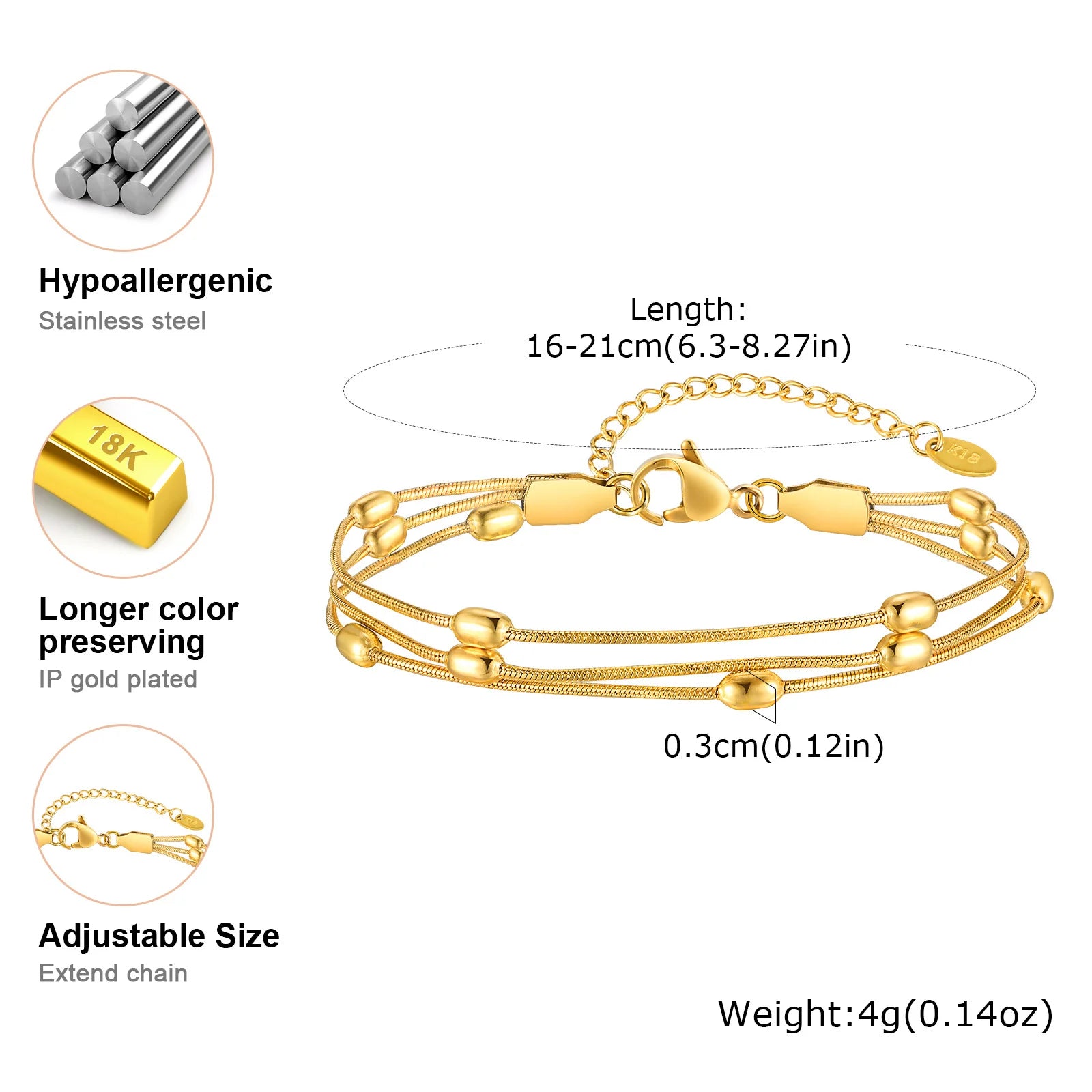 Multilayer Round Beaded Gold Plated Adjustable Snake Chain & Link Bracelets