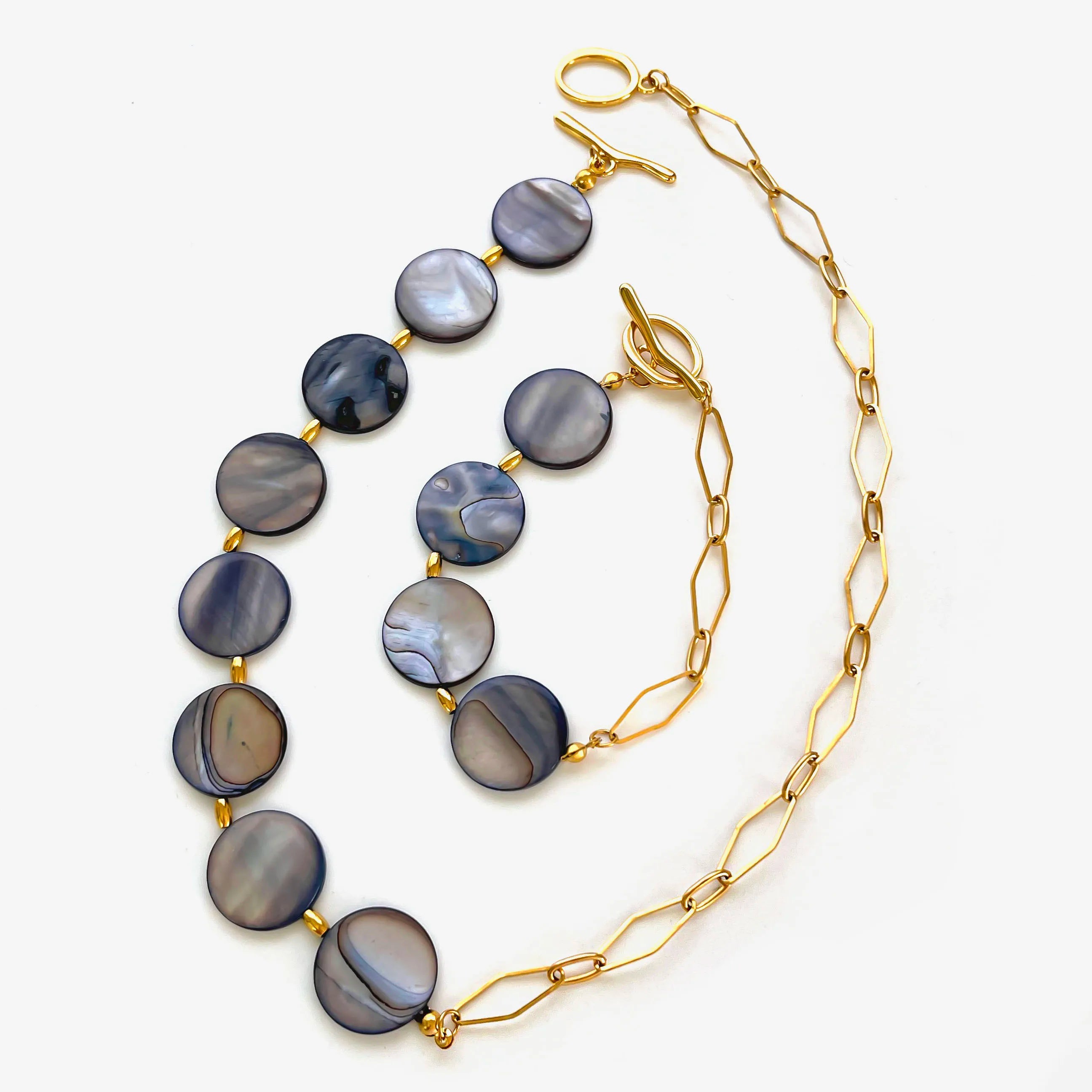 Stainless Steel Grey Round Natural Shell Bracelet Necklace Jewelry Set