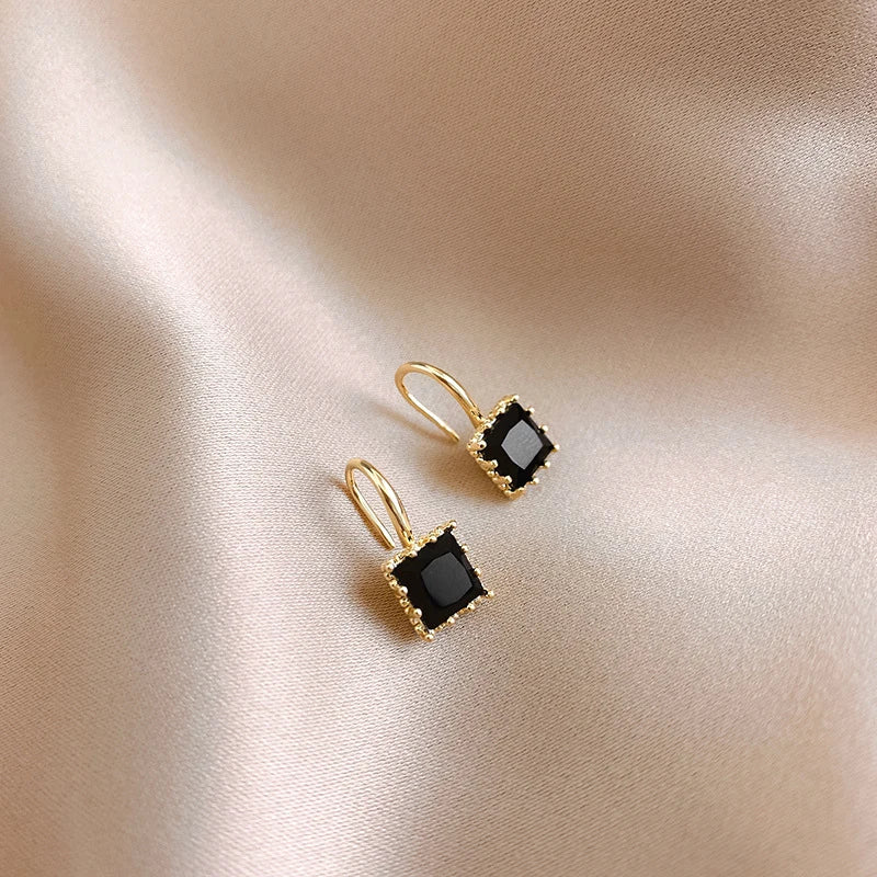 Square Crystal Stone in Gold Plated Hook Earrings
