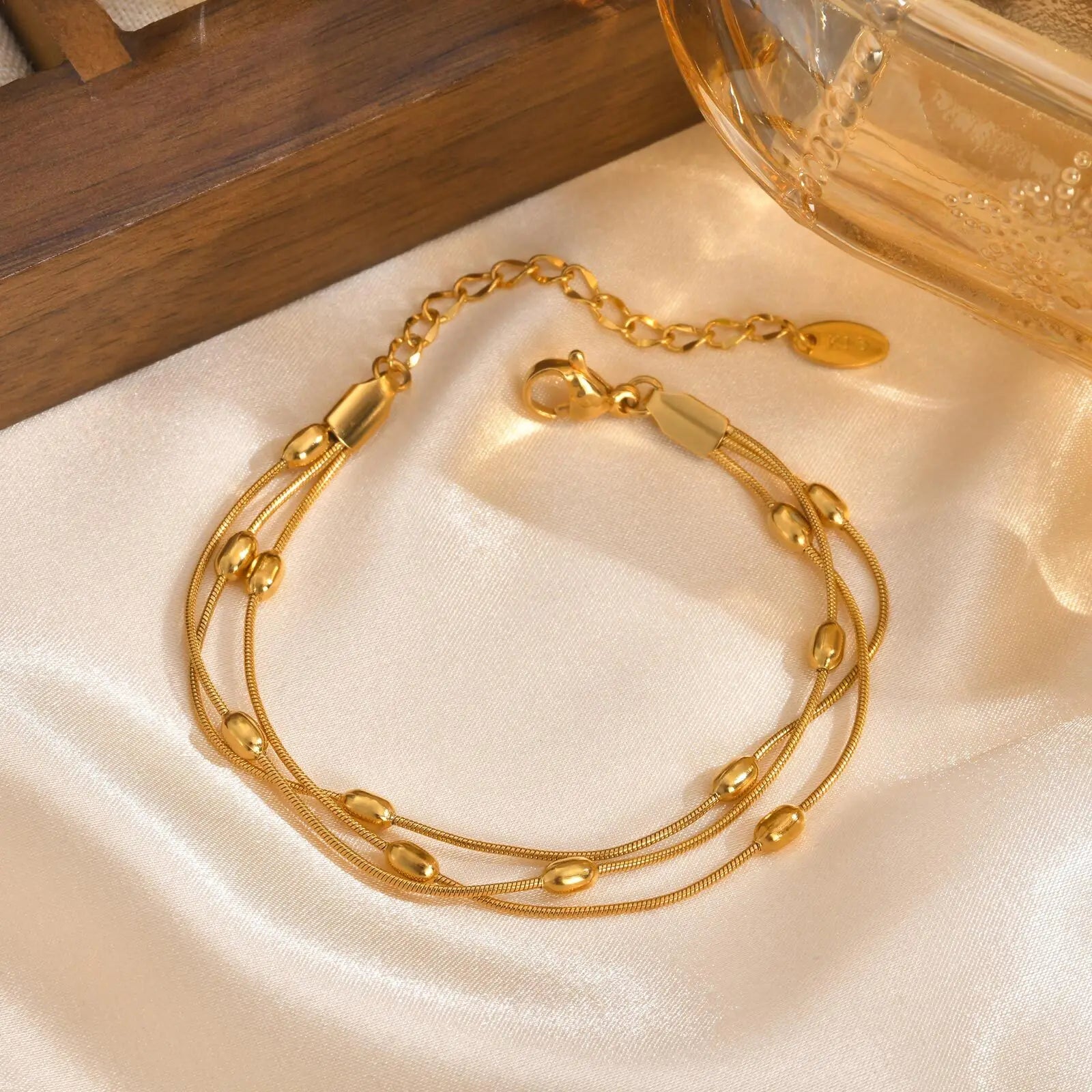 Multilayer Round Beaded Gold Plated Adjustable Snake Chain & Link Bracelets