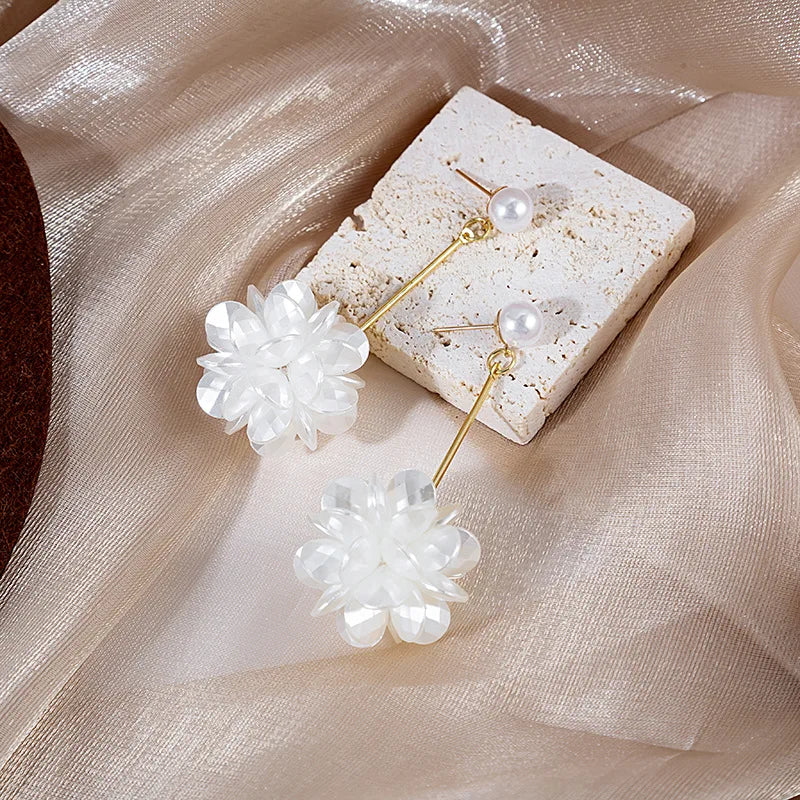 Elegant White Flower Pearl Dangle Earrings