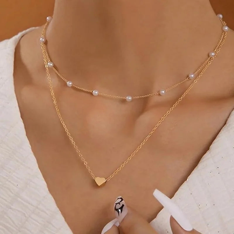 14K Gold Plated Heart Pearl Pendant Jewelery Sets